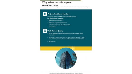 Proposal For Renting Office Building Why Select Our Office Space One Pager Sample Example Document Proposal For Renting Office Building Why Select Our Office Space One Pager Sample Example Document