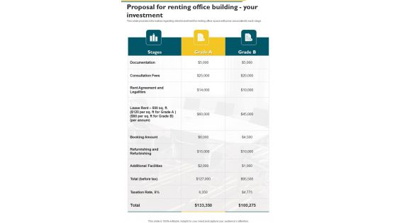 Proposal For Renting Office Building Your Investment One Pager Sample Example Document Proposal For Renting Office Building Your Investment One Pager Sample Example Document