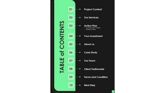 Proposal For Security Guard Services Table Of Contents One Pager Sample Example Document