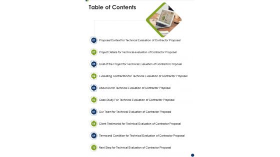 Proposal For Technical Assessment Of Contractor Table Of Contents One Pager Sample Example Document