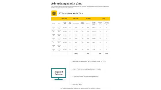 Proposal For Television Advertisement Services Advertising Media Plan One Pager Sample Example Document