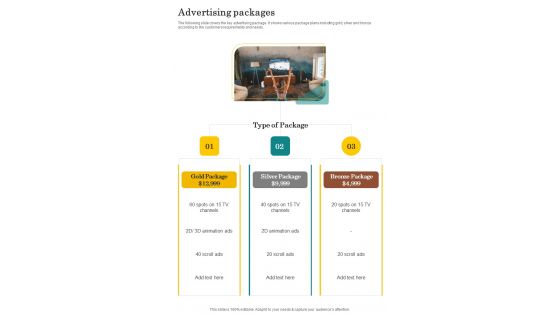 Proposal For Television Advertisement Services Advertising Packages One Pager Sample Example Document