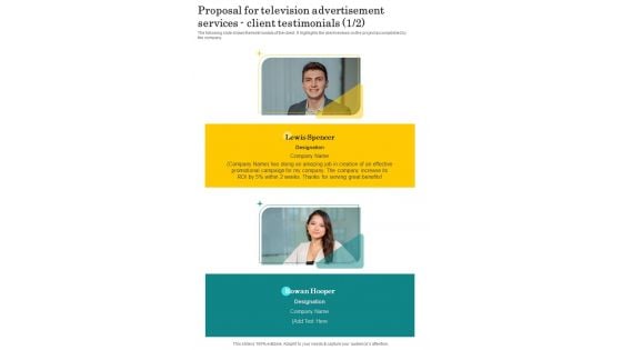 Proposal For Television Advertisement Services Client Testimonials One Pager Sample Example Document Proposal For Television Advertisement Services Client Testimonials One Pager Sample Example Document