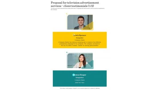 Proposal For Television Advertisement Services Client Testimonials One Pager Sample Example Document