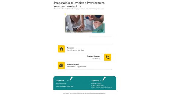 Proposal For Television Advertisement Services Contact Us One Pager Sample Example Document