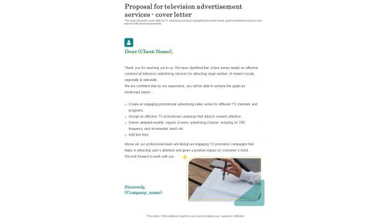 Proposal For Television Advertisement Services Cover Letter One Pager Sample Example Document