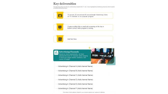 Proposal For Television Advertisement Services Key Deliverables One Pager Sample Example Document