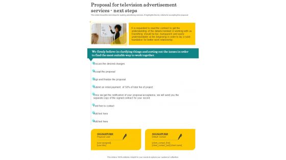 Proposal For Television Advertisement Services Next Steps One Pager Sample Example Document