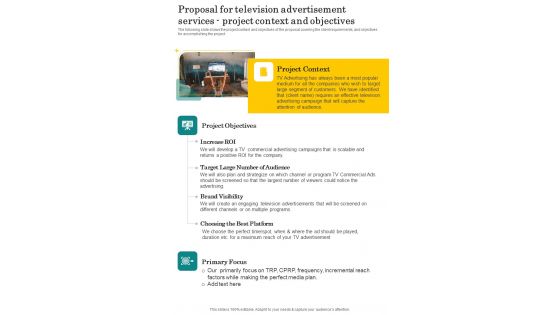 Proposal For Television Advertisement Services Project Context Objectives One Pager Sample Example Document