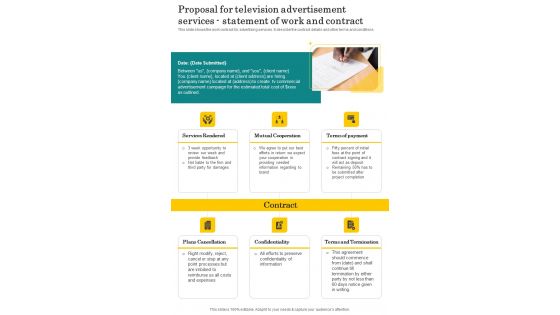 Proposal For Television Advertisement Services Statement Of Work Contract One Pager Sample Example Document