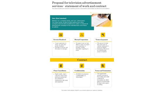 Proposal For Television Advertisement Services Statement Of Work Contract One Pager Sample Example Document Proposal For Television Advertisement Services Statement Of Work Contract One Pager Sample Example Document