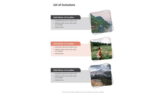 Proposal For Touring Business Itinerary List Of Inclusions One Pager Sample Example Document Proposal For Touring Business Itinerary List Of Inclusions One Pager Sample Example Document