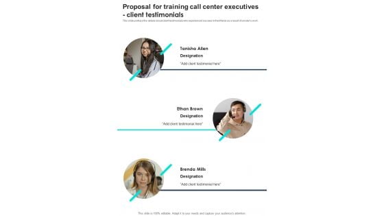 Proposal For Training Call Center Executives Client Testimonials One Pager Sample Example Document