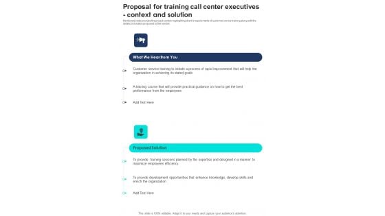 Proposal For Training Call Center Executives Context And Solution One Pager Sample Example Document Proposal For Training Call Center Executives Context And Solution One Pager Sample Example Document