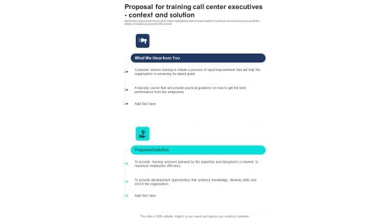 Proposal For Training Call Center Executives Context And Solution One Pager Sample Example Document