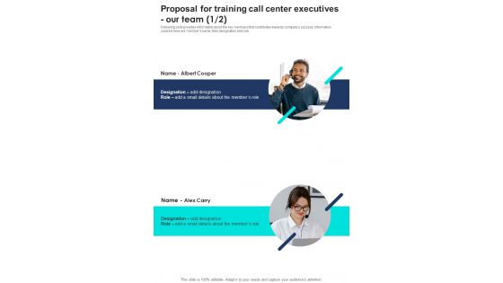 Proposal For Training Call Center Executives Our Team One Pager Sample Example Document