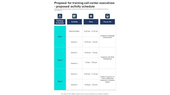 Proposal For Training Call Center Executives Proposed Activity Schedule One Pager Sample Example Document Proposal For Training Call Center Executives Proposed Activity Schedule One Pager Sample Example Document