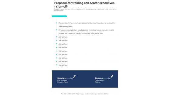 Proposal For Training Call Center Executives Sign Off One Pager Sample Example Document Proposal For Training Call Center Executives Sign Off One Pager Sample Example Document
