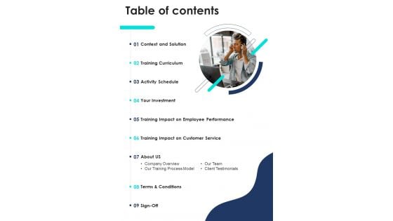 Proposal For Training Call Center Executives Table Of Contents One Pager Sample Example Document
