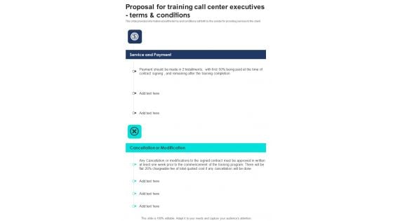 Proposal For Training Call Center Executives Terms And Conditions One Pager Sample Example Document Proposal For Training Call Center Executives Terms And Conditions One Pager Sample Example Document