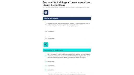 Proposal For Training Call Center Executives Terms And Conditions One Pager Sample Example Document