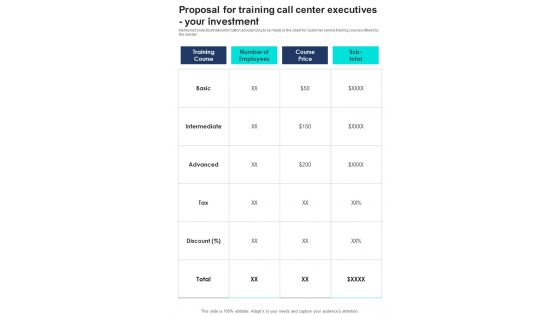 Proposal For Training Call Center Executives Your Investment One Pager Sample Example Document