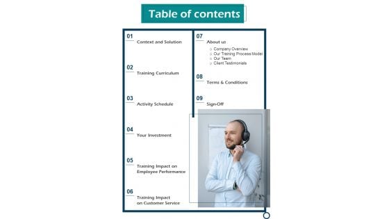 Proposal For Training Customer Service Agent Table Of Contents One Pager Sample Example Document