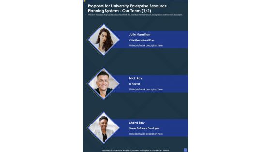 Proposal For University Enterprise Resource Planning System Our Team One Pager Sample Example Document