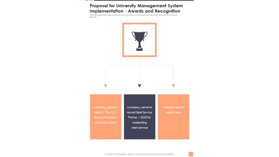 Proposal For University Management System Implementation Awards And Recognition Wd One Pager Sample Example Document Proposal For University Management System Implementation Awards And Recognition Wd One Pager Sample Example Document