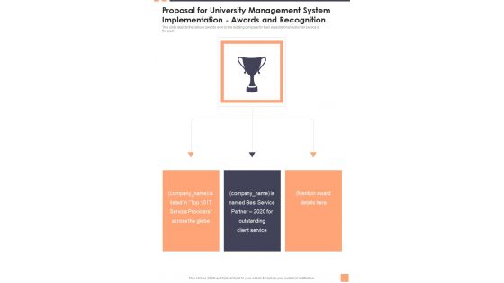 Proposal For University Management System Implementation Awards And Recognition Wd One Pager Sample Example Document