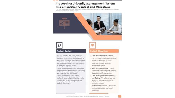 Proposal For University Management System Implementation Context And Objectives Wd One Pager Sample Example Document