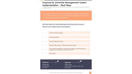 Proposal For University Management System Implementation Next Steps Wd One Pager Sample Example Document