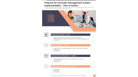 Proposal For University Management System Implementation Plan Of Action Wd One Pager Sample Example Document