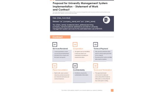 Proposal For University Management System Implementation Statement Of Work And Contract Wd One Pager Sample Example Document