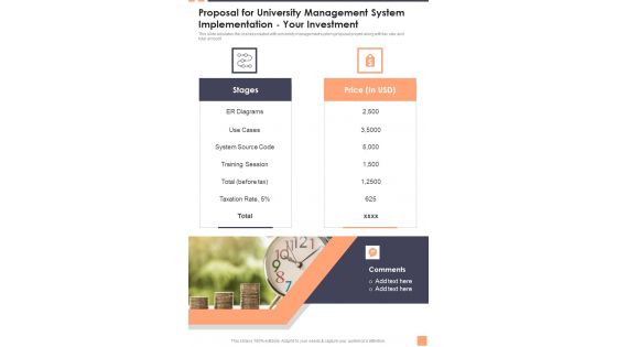 Proposal For University Management System Implementation Your Investment Wd One Pager Sample Example Document