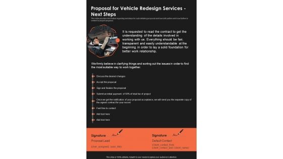 Proposal For Vehicle Redesign Services Next Steps One Pager Sample Example Document Proposal For Vehicle Redesign Services Next Steps One Pager Sample Example Document