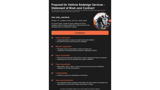 Proposal For Vehicle Redesign Services Statement Of Work One Pager Sample Example Document