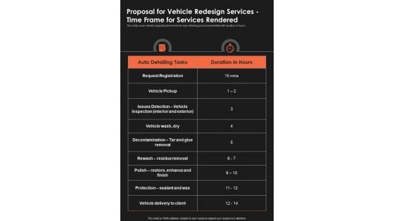 Proposal For Vehicle Redesign Services Time Frame For Services One Pager Sample Example Document