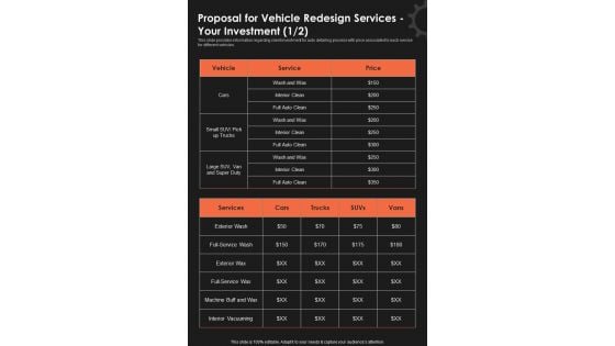 Proposal For Vehicle Redesign Services Your Investment One Pager Sample Example Document