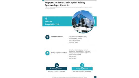 Proposal For Web Cast Capital Raising Sponsorship About Us One Pager Sample Example Document