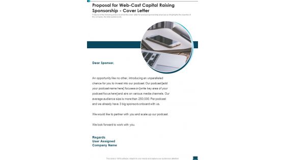 Proposal For Web Cast Capital Raising Sponsorship Cover Letter One Pager Sample Example Document