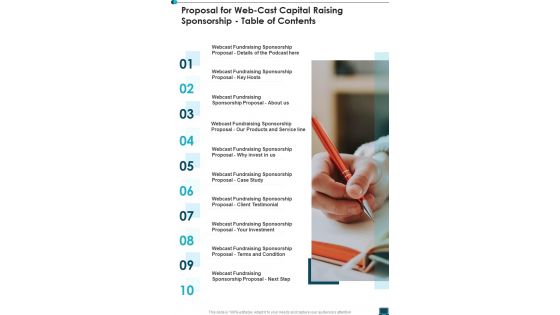 Proposal For Web Cast Capital Raising Sponsorship Table Of Contents One Pager Sample Example Document