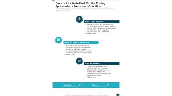 Proposal For Web Cast Capital Raising Sponsorship Terms And Condition One Pager Sample Example Document