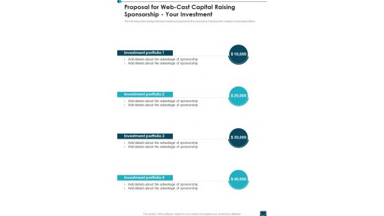 Proposal For Web Cast Capital Raising Sponsorship Your Investment One Pager Sample Example Document