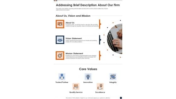 Proposal For Workforce Benefits Addressing Brief Description About Our Firm One Pager Sample Example Document Proposal For Workforce Benefits Addressing Brief Description About Our Firm One Pager Sample Example Document
