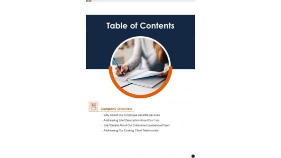 Proposal For Workforce Benefits Table Of Contents One Pager Sample Example Document