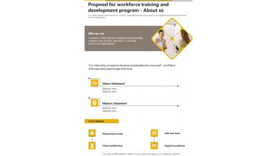 Proposal For Workforce Training And Development Program About Us One Pager Sample Example Document Proposal For Workforce Training And Development Program About Us One Pager Sample Example Document