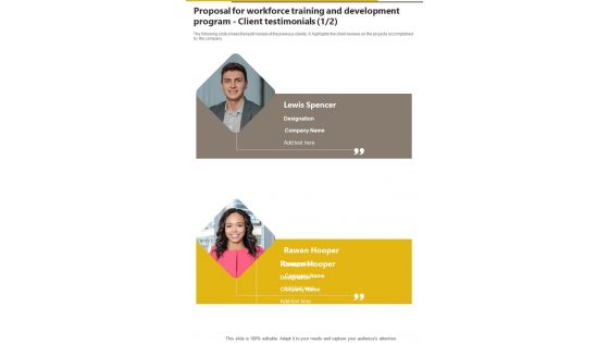 Proposal For Workforce Training And Development Program Client Testimonials One Pager Sample Example Document Proposal For Workforce Training And Development Program Client Testimonials One Pager Sample Example Document