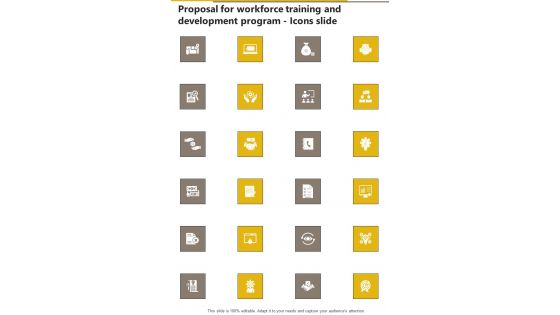 Proposal For Workforce Training And Development Program Icons Slide One Pager Sample Example Document Proposal For Workforce Training And Development Program Icons Slide One Pager Sample Example Document