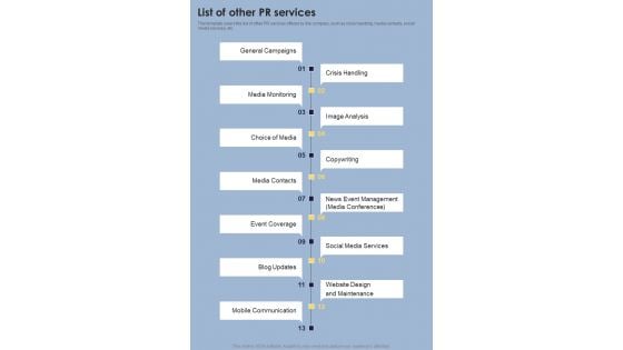 Proposal Public Relations Promotional Services List Of Other One Pager Sample Example Document Proposal Public Relations Promotional Services List Of Other One Pager Sample Example Document